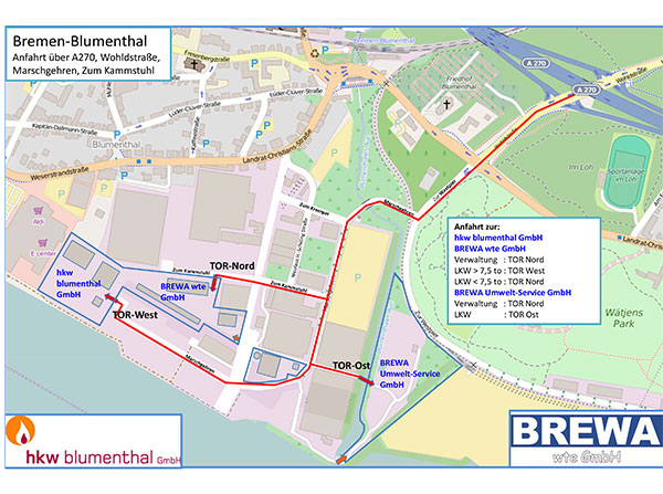 Karte von Bremen-Blumenthal mit eingezeichneter Route zum hkw blumenthal